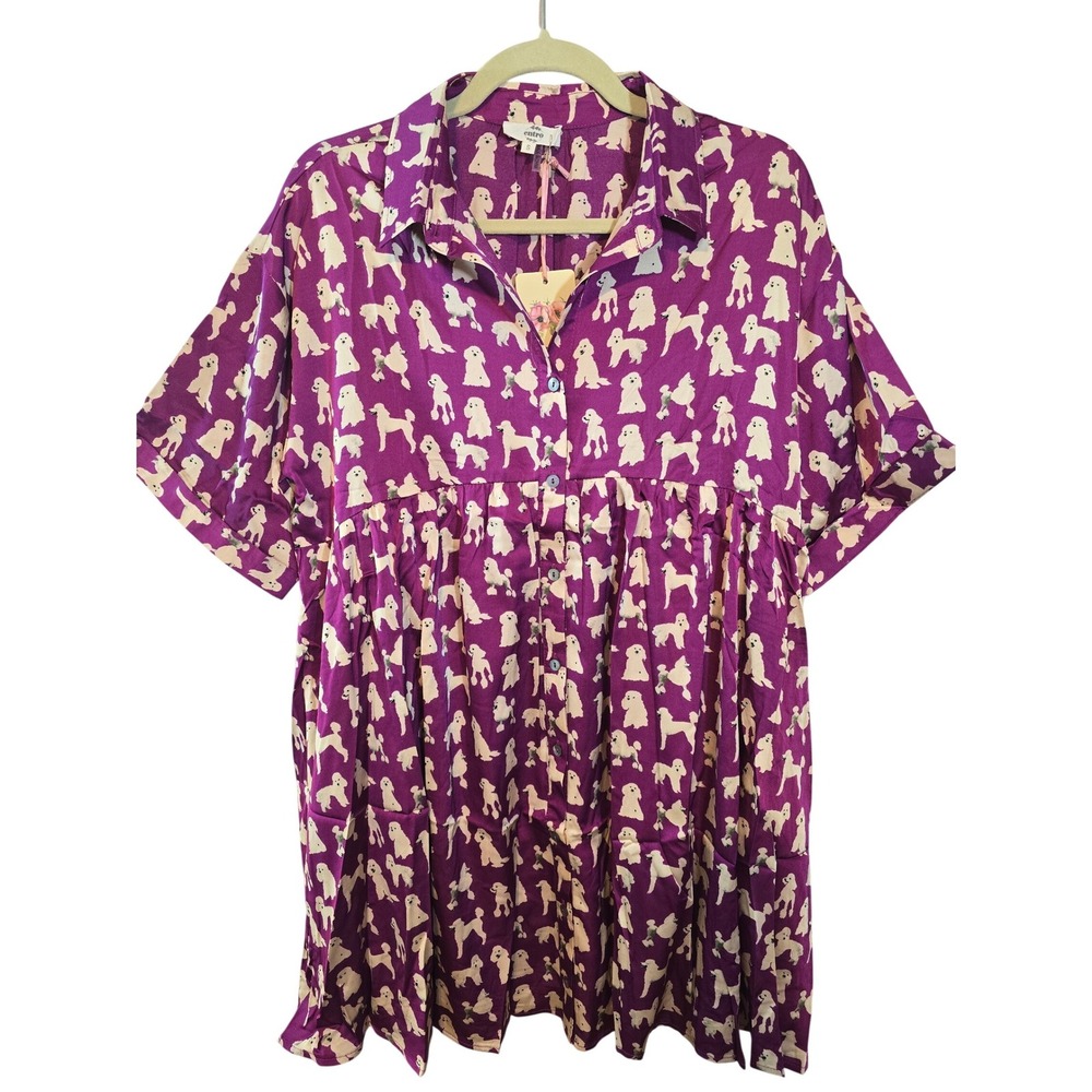 Entro Purple Poodle Print Babydoll‎ Mini Dress Oversized Womens Size S New